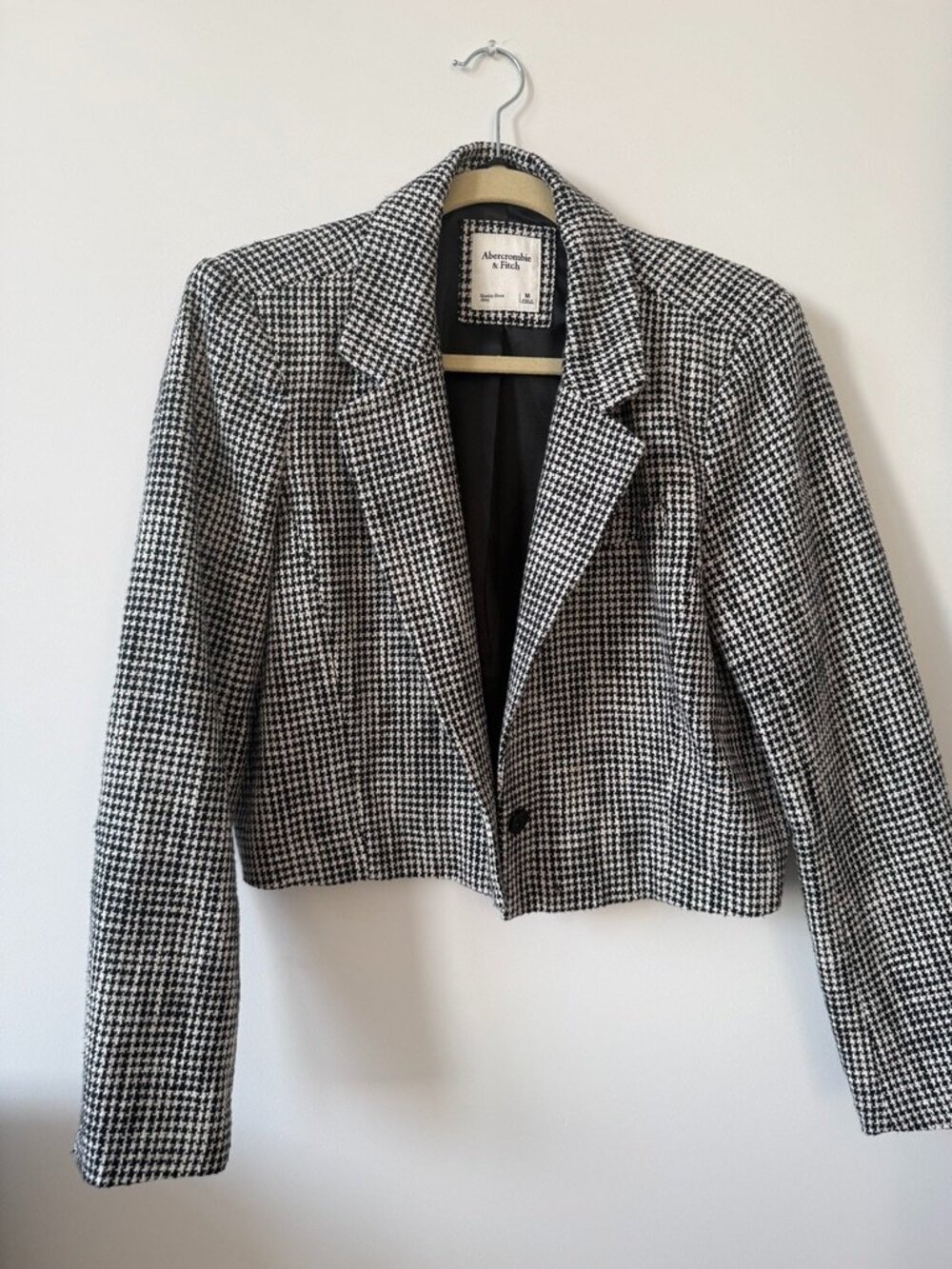Abercrombie & Fitch Cropped Houndstooth Blazer Jacket Black White Size M